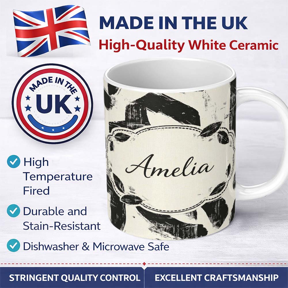 Personalized Custom Name Bold Expressionist Brush Strokes Black Cream Artistic Abstract 11oz Ceramic Coffee Tea Mug White Large Handle