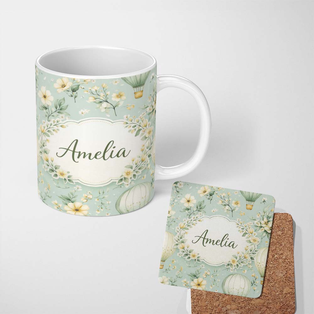 Personalized Custom Name Hot Air Balloon Floral Pattern Green Background Seamless Lovely 11oz Ceramic Coffee Tea Mug White Large Handle