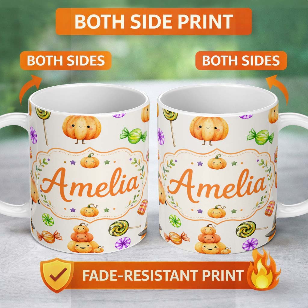 Personalized Custom Name Cute Halloween Pumpkin Candy Characters Neutral Background Seamless 11oz Ceramic Coffee Tea Mug White Large Handle
