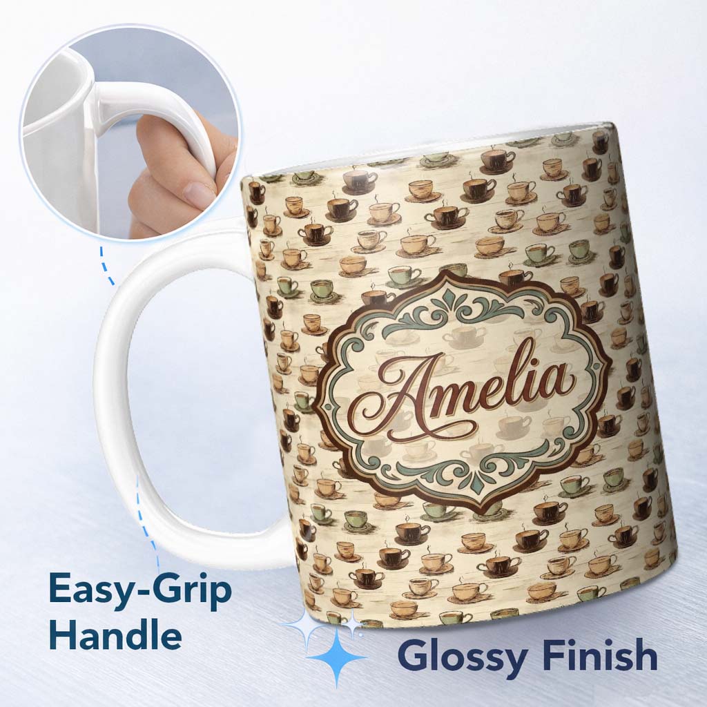 Personalized Custom Name Vintage Coffee Cups on Rustic Wood Background Seamless Pattern 11oz Ceramic Coffee Tea Mug White Large Handle