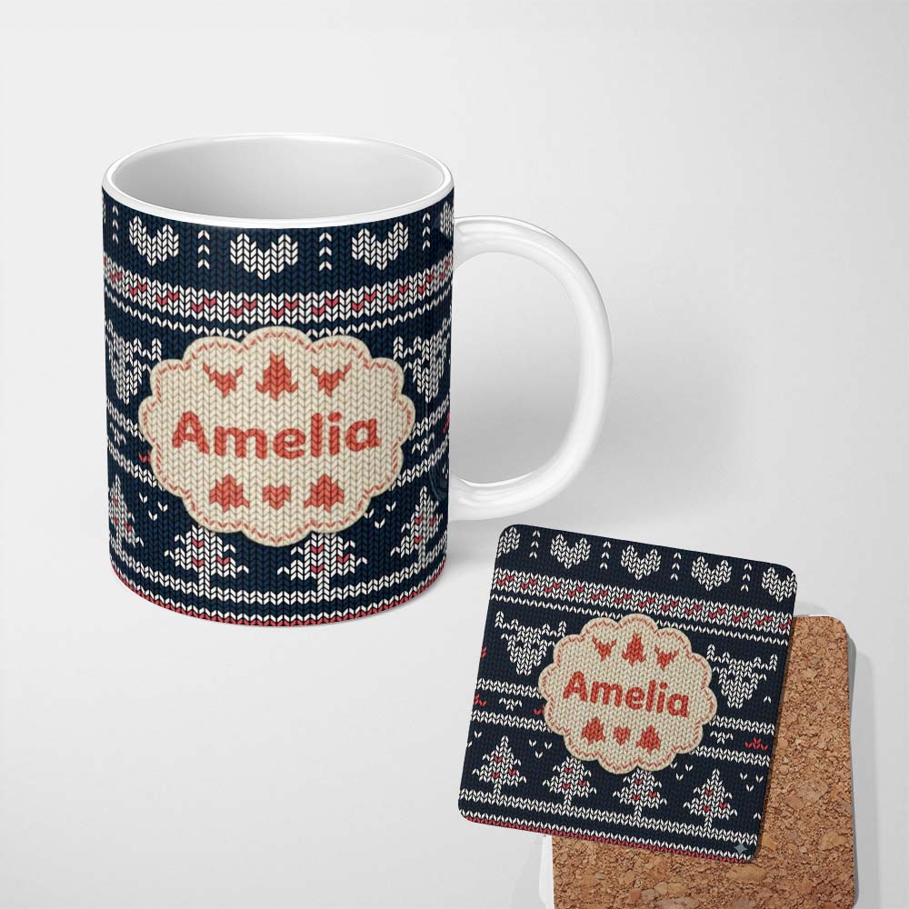 Personalized Custom Name Cute Blue Nordic Snowflake Winter Traditional Knitted Seamless 11oz Ceramic Coffee Tea Mug White Large Handle