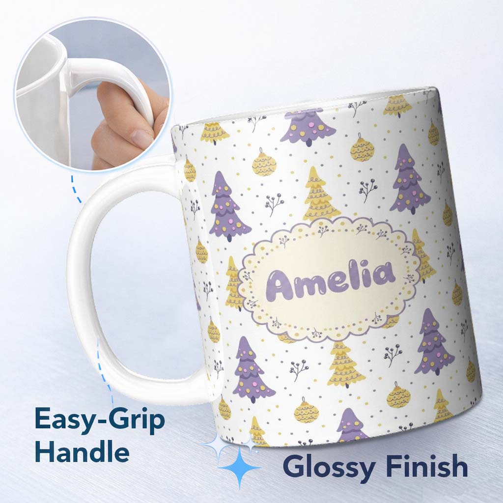 Personalized Custom Name Pastel Purple Yellow Christmas Tree Ornament Seamless Pattern Lovely 11oz Ceramic Coffee Tea Mug White Large Handle