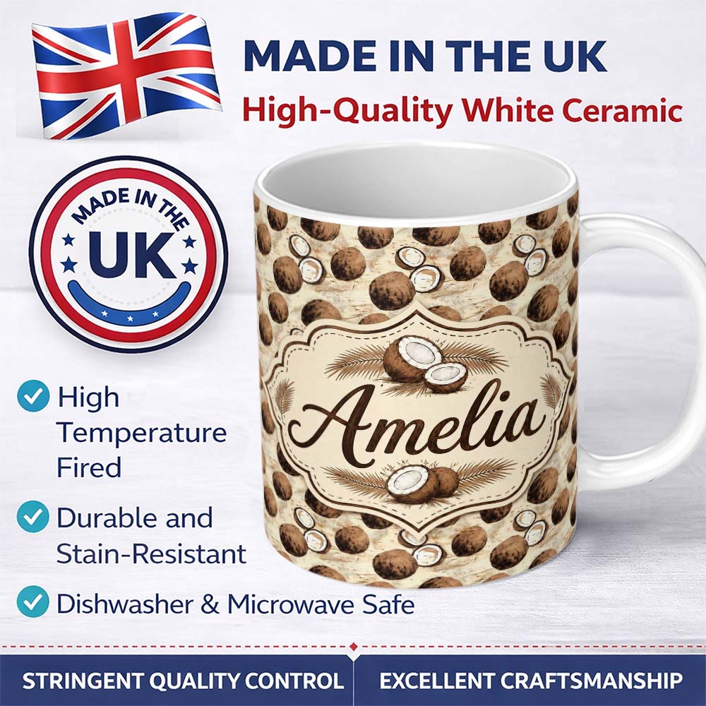 Personalized Custom Name Rustic Coconut Shell and Whole Coconut Vintage Sketch Style Pattern 11oz Ceramic Coffee Tea Mug White Large Handle
