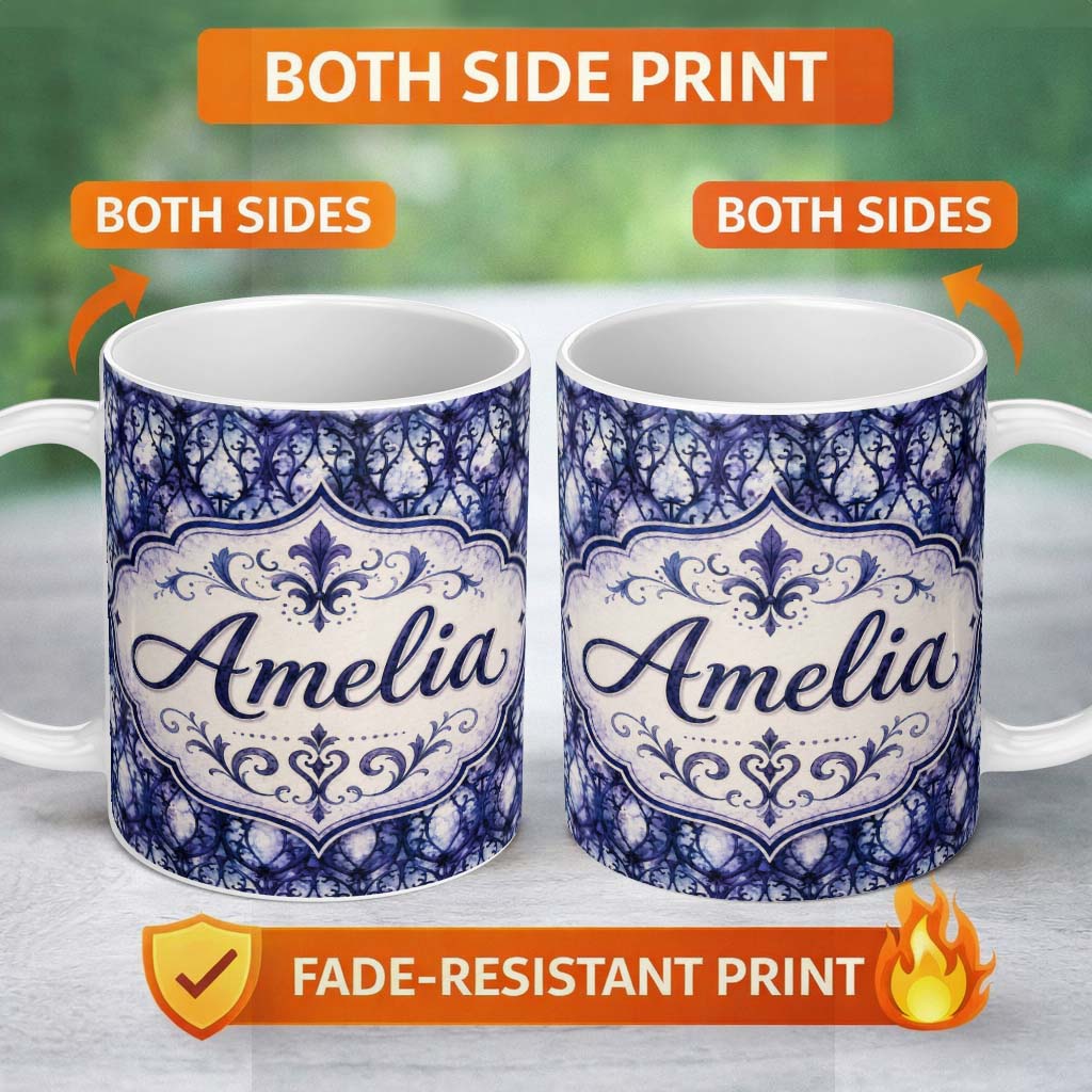 Personalized Custom Name Watercolor Gothic Lattice Indigo Blue Seamless Pattern Lovely 11oz Ceramic Coffee Tea Mug White Large Handle