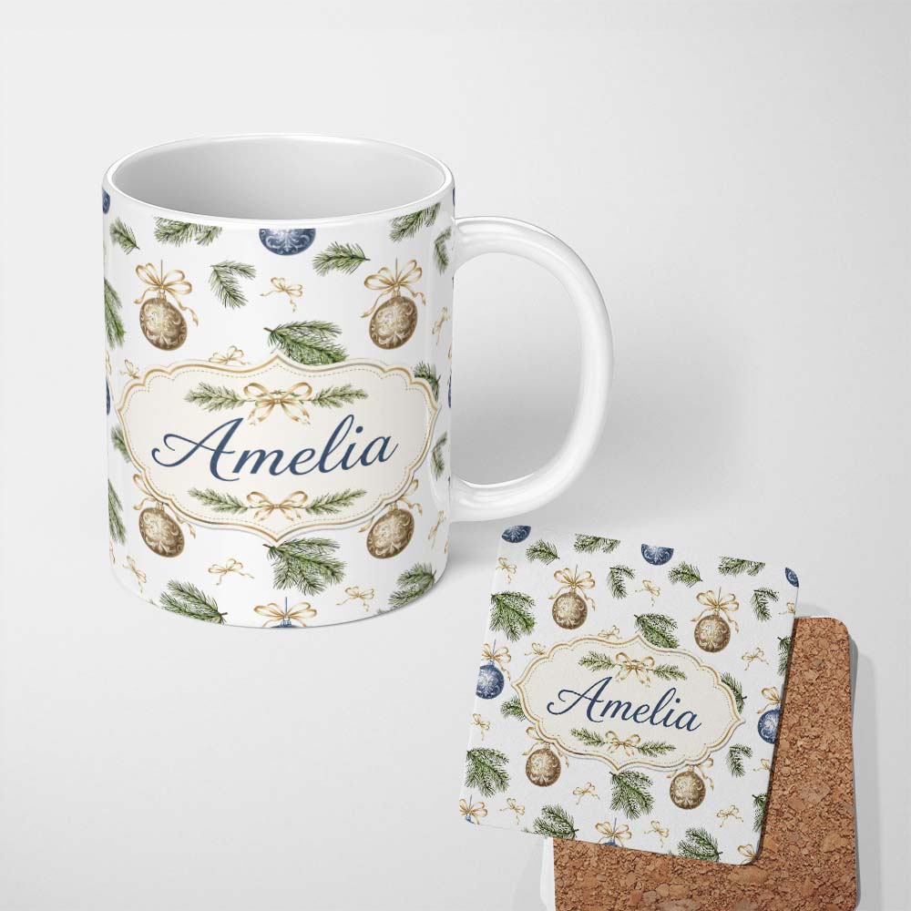 Personalized Custom Name Elegant Gold Blue Baubles Pine Branch Seamless Pattern Lovely 11oz Ceramic Coffee Tea Mug White Large Handle