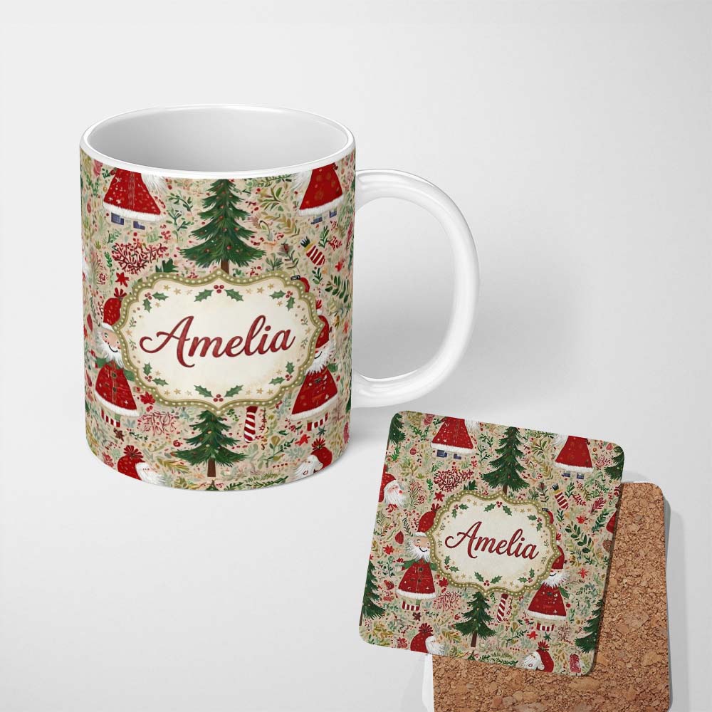 Personalized Custom Name Cute Christmas Gnome Santa Tree Holiday Festive Seamless Pattern 11oz Ceramic Coffee Tea Mug White Large Handle