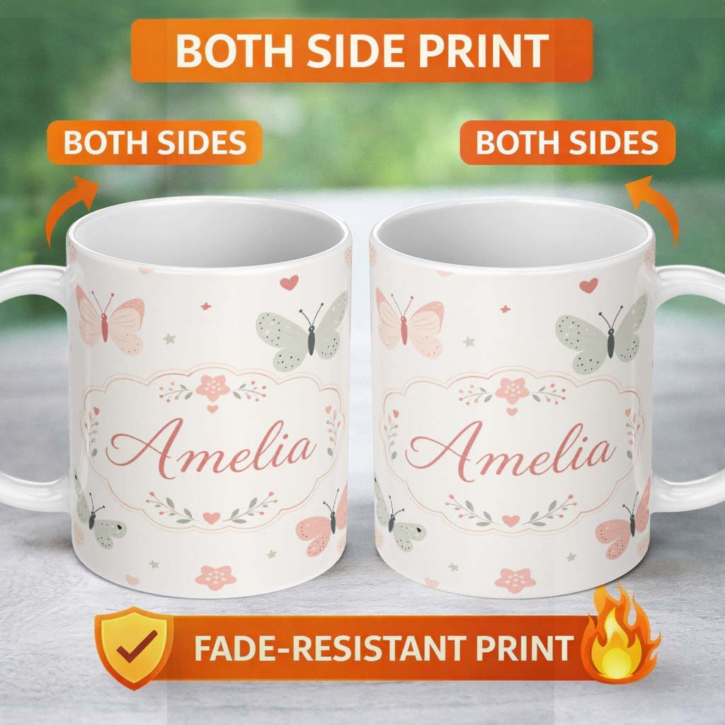Personalized Custom Name Cute Pastel Butterflies and Hearts Minimal Seamless Pattern Lovely 11oz Ceramic Coffee Tea Mug White Large Handle