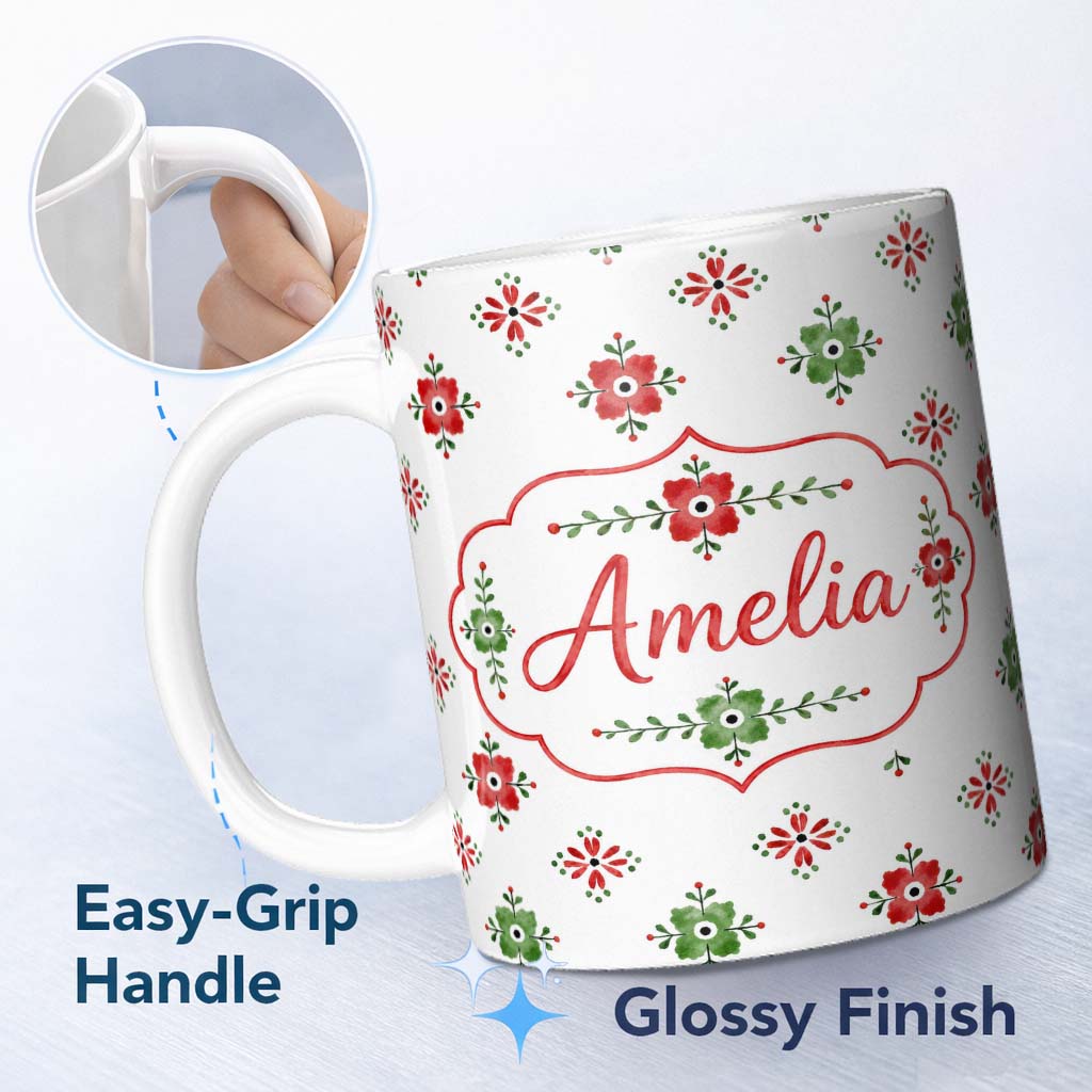 Personalized Custom Name Watercolor Scandinavian Folk Floral Red Green Seamless Pattern 11oz Ceramic Coffee Tea Mug White Large Handle