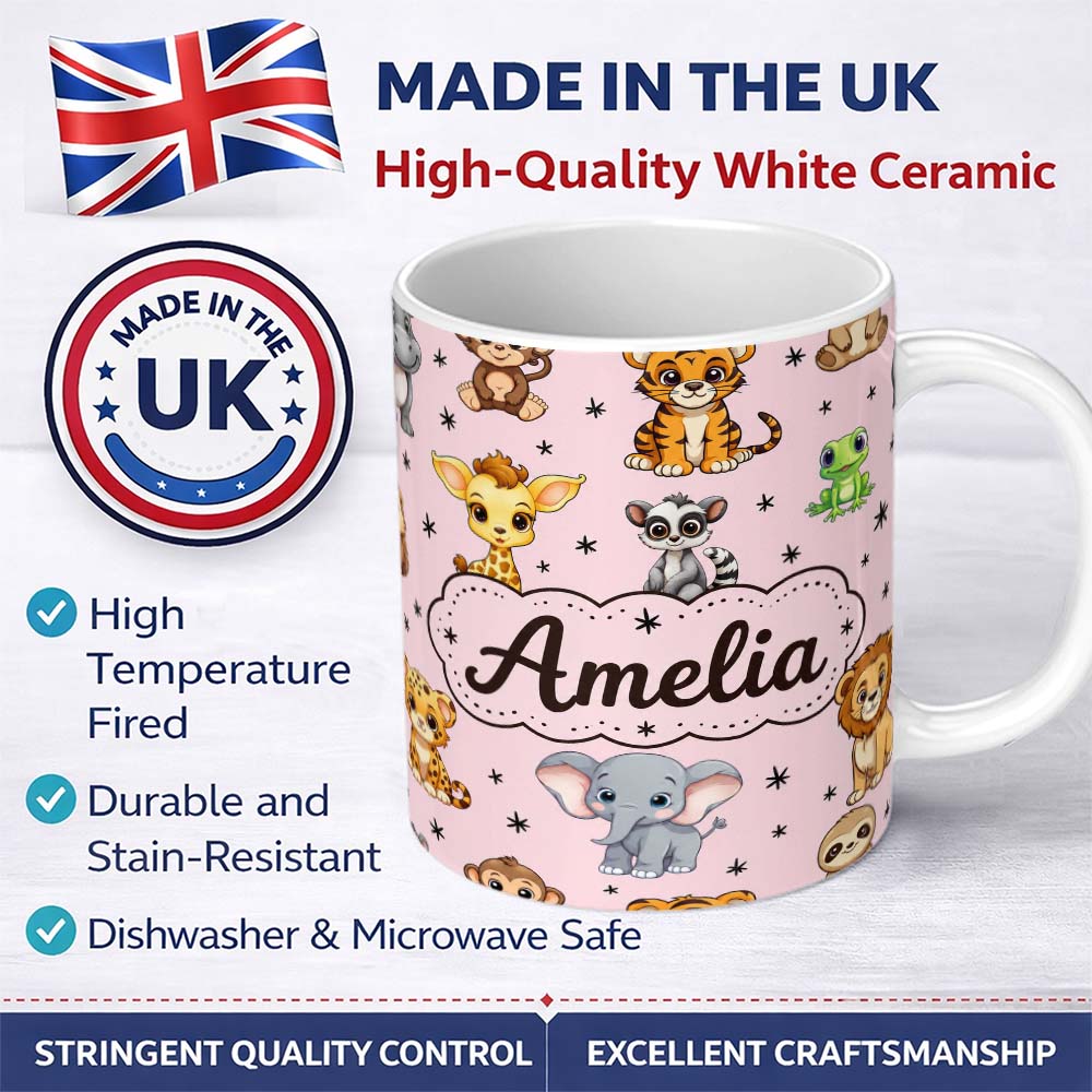 Personalized Custom Name Cute Cartoon Safari Animals with Stars on Pink Background Nursery 11oz Ceramic Coffee Tea Mug White Large Handle