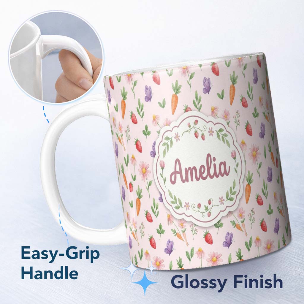 Personalized Custom Name Cute Easter Bunnies with Flowers Carrots Soft Cream Background 11oz Ceramic Coffee Tea Mug White Large Handle