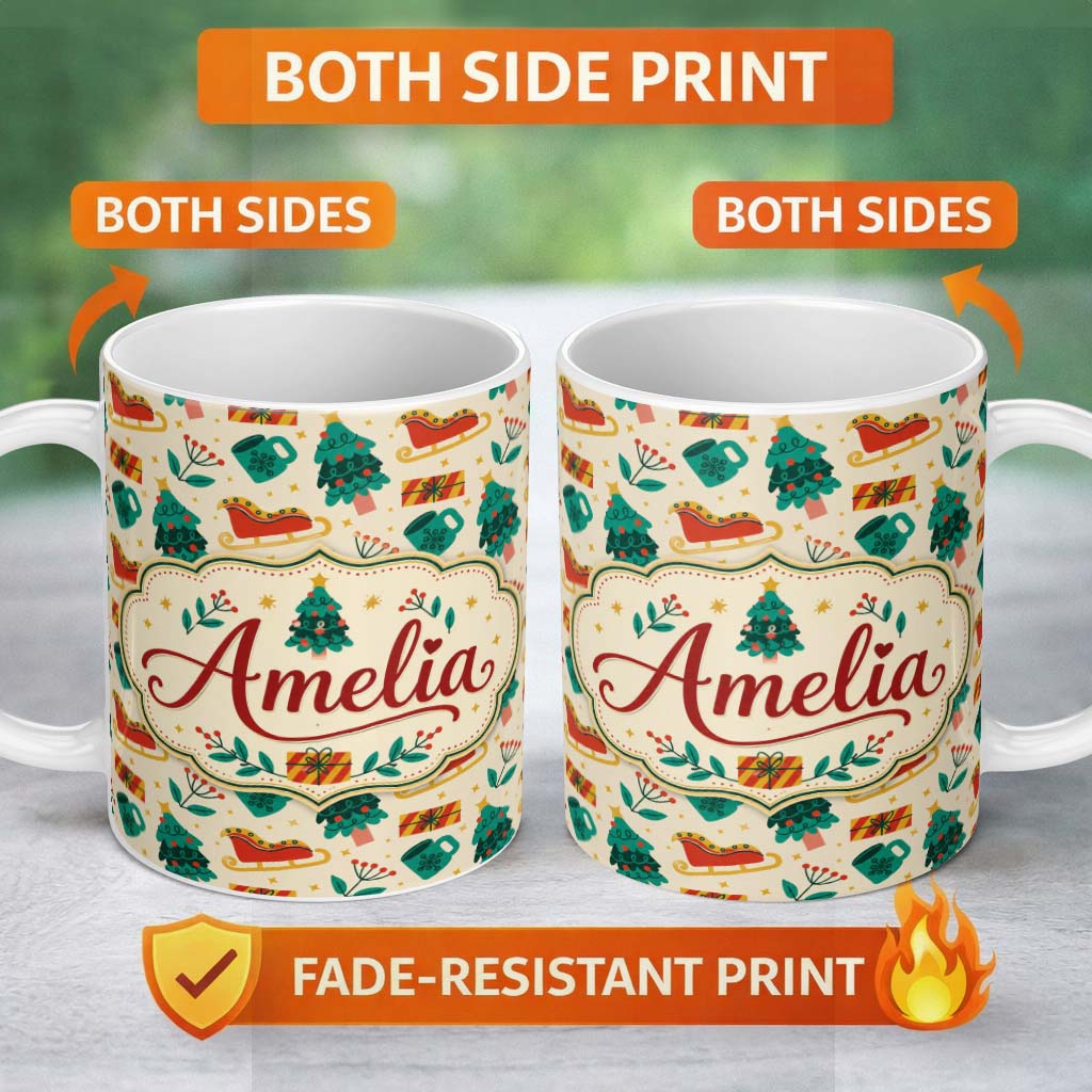 Personalized Custom Name Modern Christmas Sleigh Tree Gift Flat Design Seamless Pattern 11oz Ceramic Coffee Tea Mug White Large Handle