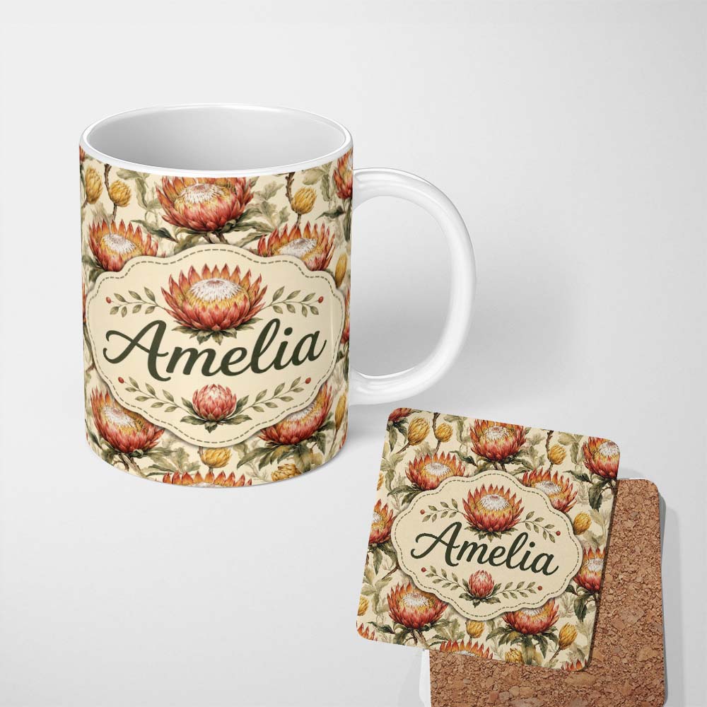 Personalized Custom Name Protea Flowers with Yellow Buds Botanical Seamless Pattern Lovely 11oz Ceramic Coffee Tea Mug White Large Handle