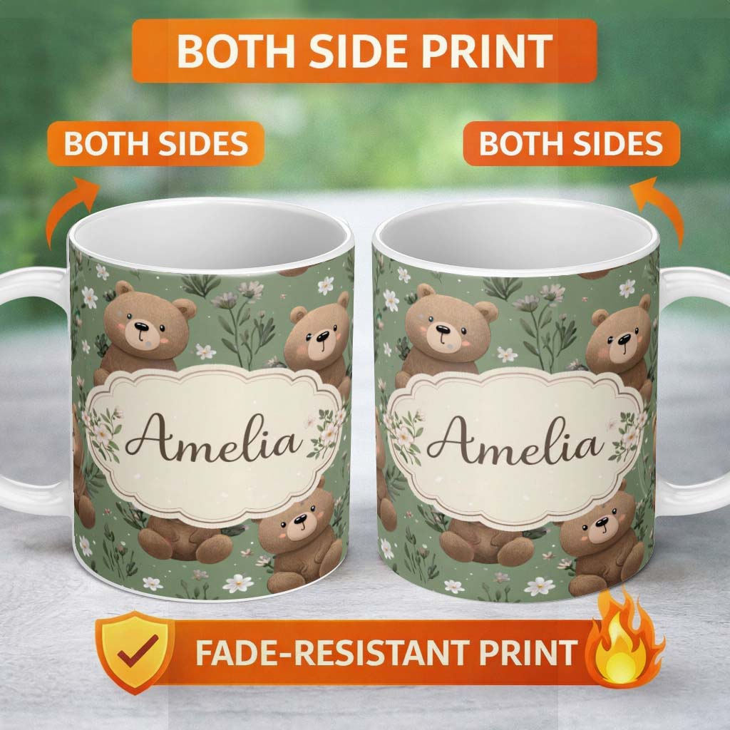 Personalized Custom Name Cute Teddy Bears with Floral Elements Seamless Pattern Green Lovely 11oz Ceramic Coffee Tea Mug White Large Handle
