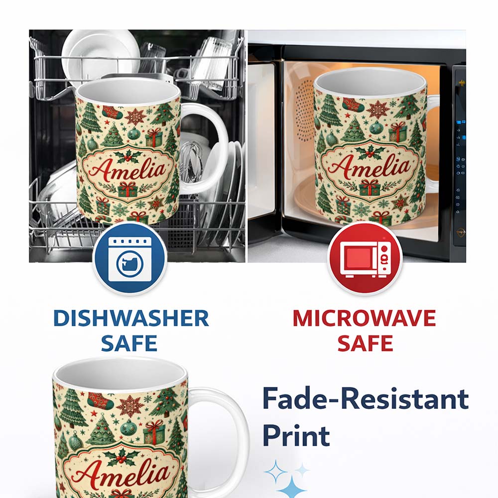 Personalized Custom Name Christmas Tree Snowflake Ornament Holiday Festive Seamless Pattern 11oz Ceramic Coffee Tea Mug White Large Handle