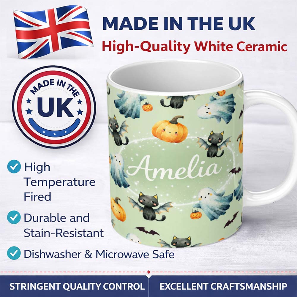 Personalized Custom Name Halloween Ghost Pumpkin Cat Seamless Pattern Sage Cute Spooky Design 11oz Ceramic Coffee Tea Mug White Large Handle