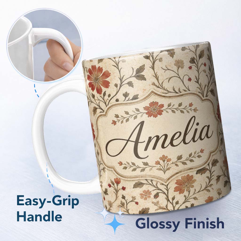 Personalized Custom Name Elegant Botanical Vine Floral Neutral Tone Seamless Pattern Lovely 11oz Ceramic Coffee Tea Mug White Large Handle