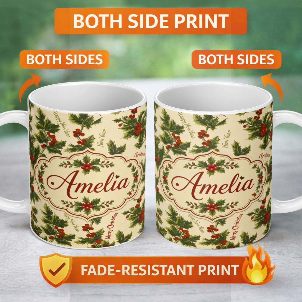 Personalized Custom Name Festive Holly Berries Merry Christmas Text Seamless Pattern Lovely 11oz Ceramic Coffee Tea Mug White Large Handle