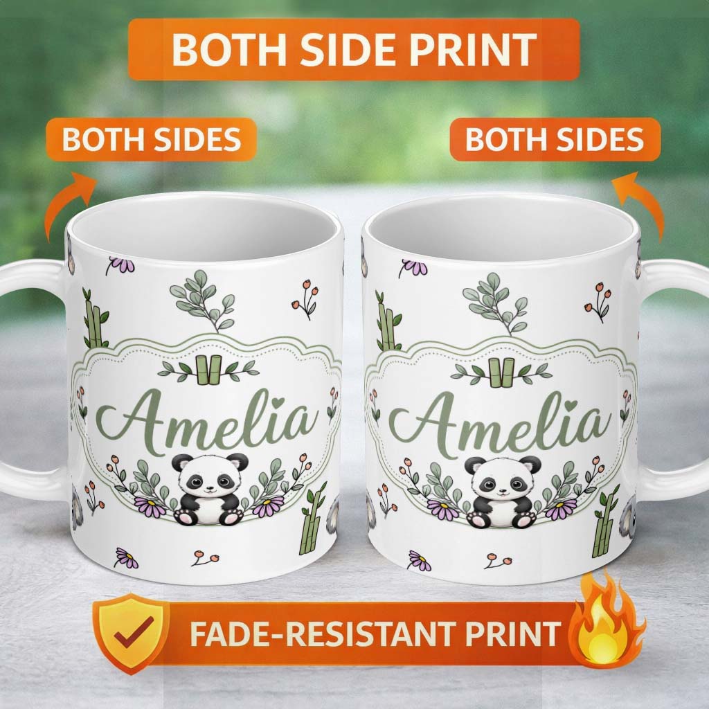 Personalized Custom Name Cute Panda Bamboo and Floral Minimal Seamless Pattern on Clean White 11oz Ceramic Coffee Tea Mug White Large Handle