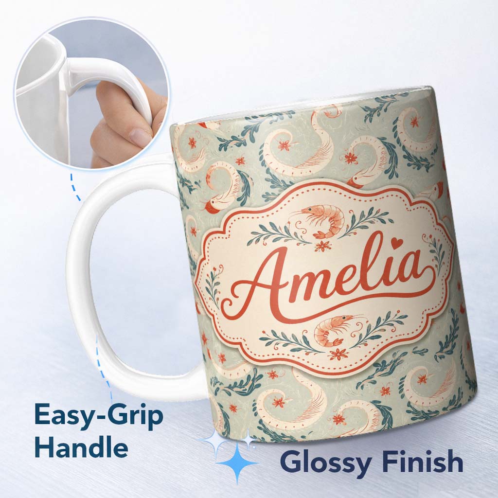Personalized Custom Name Elegant Koi Fish and Floral Swirl Pattern in Soft Tones Seamless 11oz Ceramic Coffee Tea Mug White Large Handle