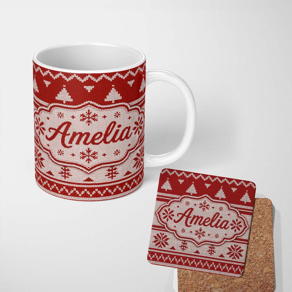 Personalized Custom Name Red Nordic Christmas Tree Snowflake Knitted Seamless Pattern Lovely 11oz Ceramic Coffee Tea Mug White Large Handle