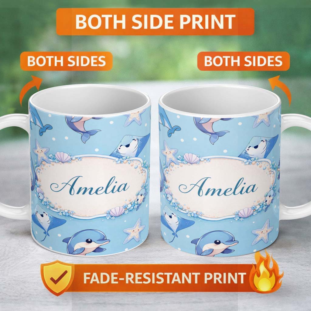 Personalized Custom Name Cute Dolphin Stingray Starfish Ocean Sea Life Soft Aqua Background 11oz Ceramic Coffee Tea Mug White Large Handle