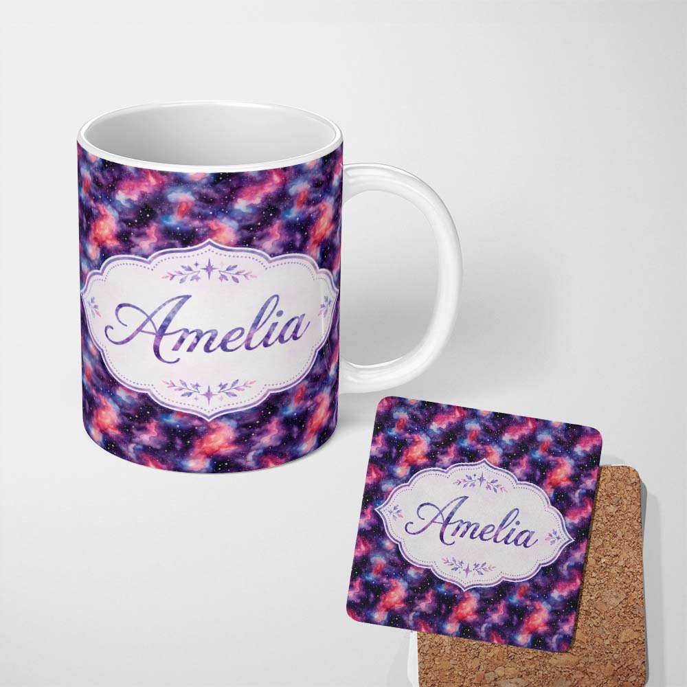 Personalized Custom Name Watercolor Nebula Galaxy Pink Purple Space Seamless Pattern Artistic 11oz Ceramic Coffee Tea Mug White Large Handle