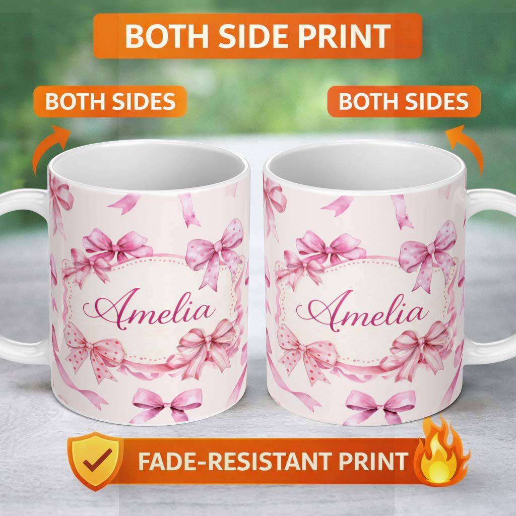 Personalized Custom Name Watercolor Pink Ribbon Bows Neutral Ivory Background Seamless Lovely 11oz Ceramic Coffee Tea Mug White Large Handle