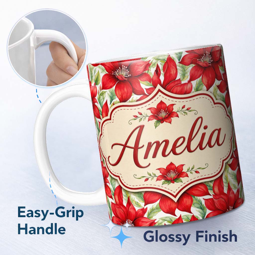 Personalized Custom Name Watercolor Red Floral Bloom White Background Seamless Pattern Lovely 11oz Ceramic Coffee Tea Mug White Large Handle