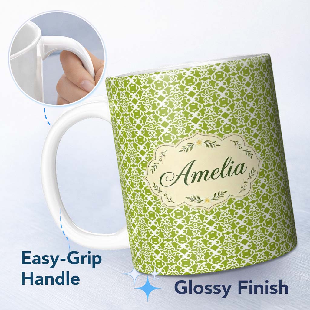 Personalized Custom Name Green Lattice Geometric Repeat Seamless Pattern Beautiful Coffee Cup 11oz Ceramic Coffee Tea Mug White Large Handle