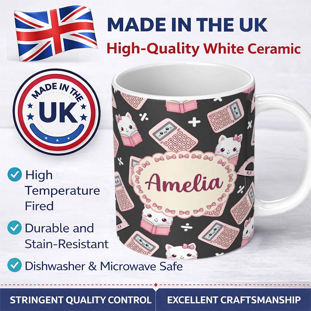 Personalized Custom Name Cute Kawaii Maths Cat Calculator Ruler Seamless Pattern Dark Grey 11oz Ceramic Coffee Tea Mug White Large Handle