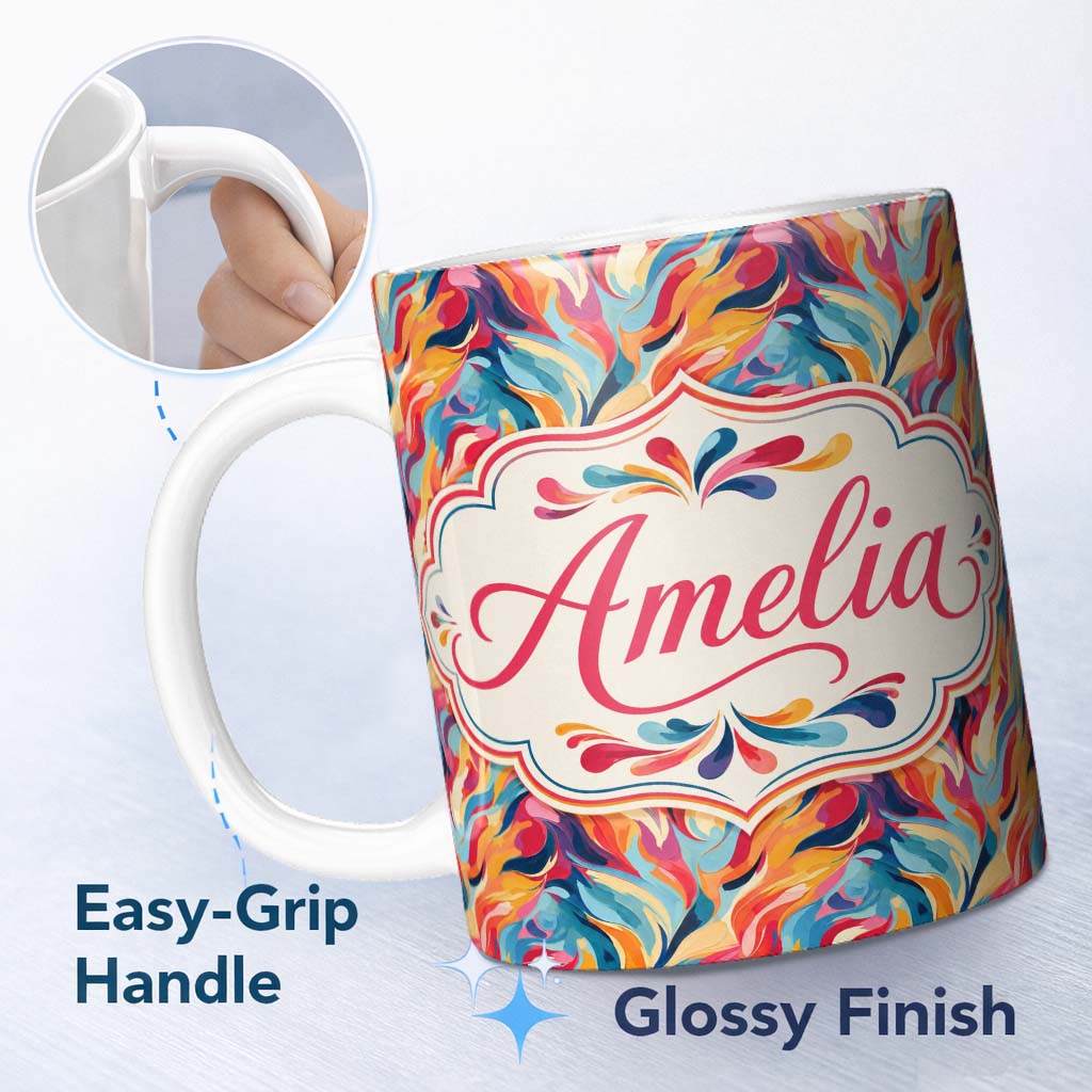 Personalized Custom Name Vibrant Abstract Fluid Paint Pattern Colorful Artistic Seamless 11oz Ceramic Coffee Tea Mug White Large Handle