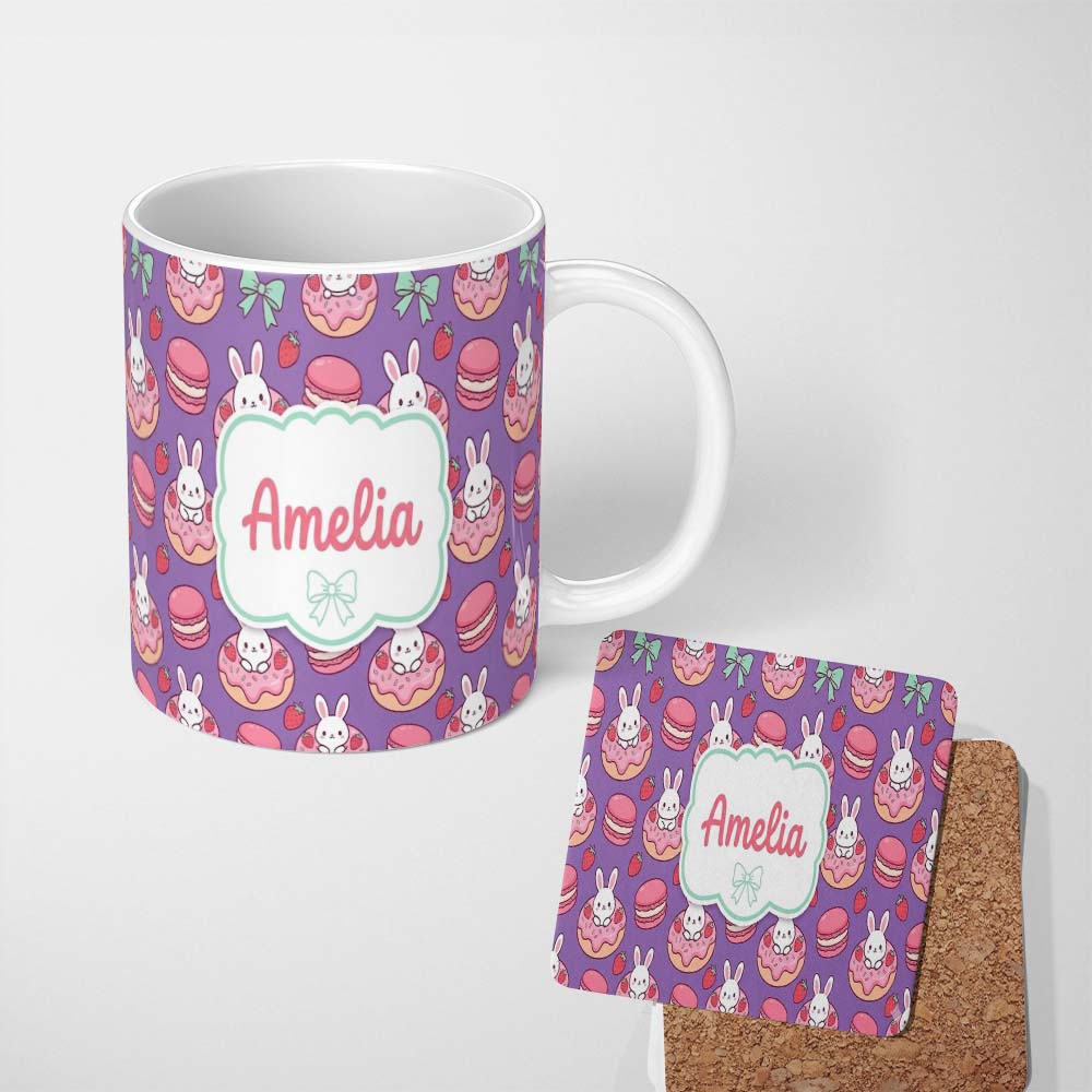 Personalized Custom Name Cute Kawaii Bunny Donuts Strawberry Dessert Seamless Pattern Purple 11oz Ceramic Coffee Tea Mug White Large Handle