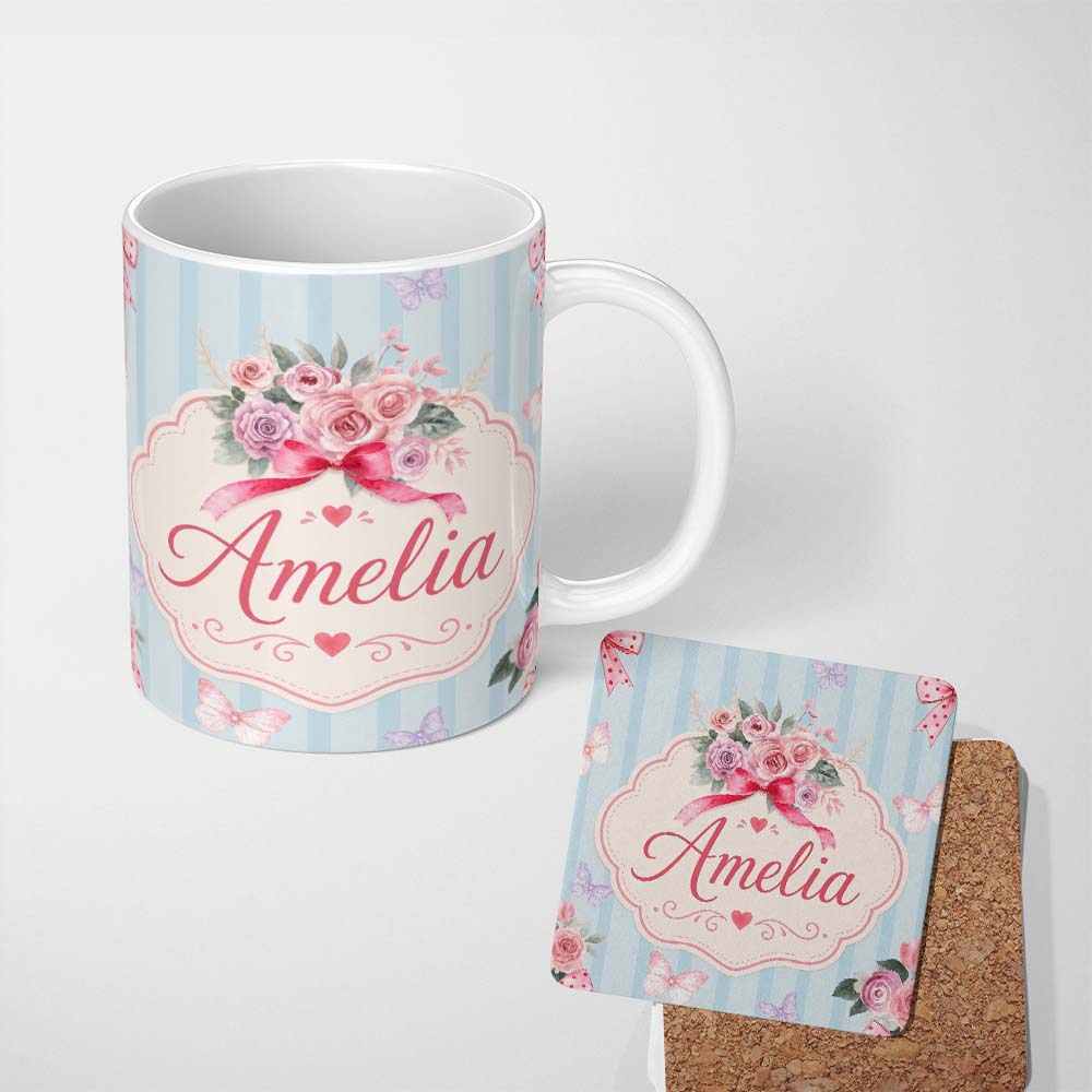 Personalized Custom Name Cute Watercolor Roses Bouquet with Red Ribbon Soft Blue Stripe 11oz Ceramic Coffee Tea Mug White Large Handle