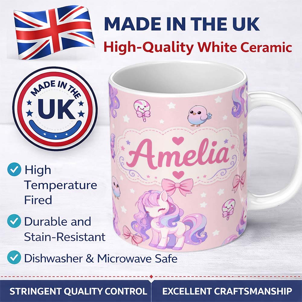 Personalized Custom Name Cute Pastel Unicorn Butterfly Candy Stars Blush Background Seamless 11oz Ceramic Coffee Tea Mug White Large Handle
