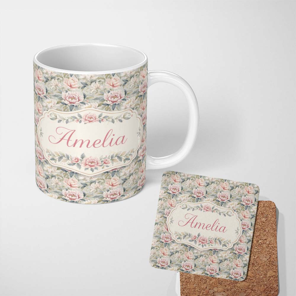 Personalized Custom Name Soft Pastel Peony Floral Garden Seamless Pattern Cute Unique Gift 11oz Ceramic Coffee Tea Mug White Large Handle