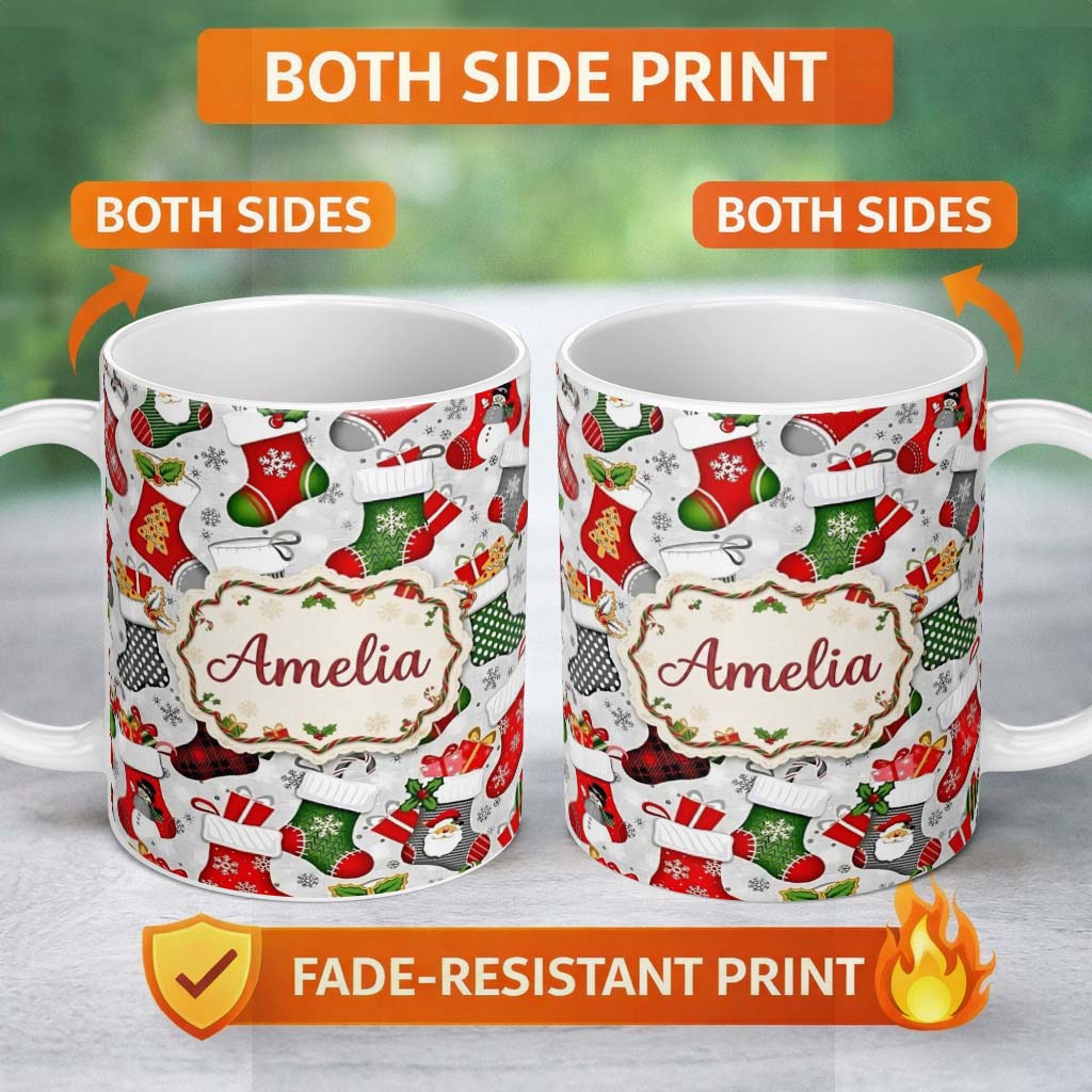 Personalized Custom Name Christmas Stockings Gifts Candy Snowflake Seamless Pattern Lovely 11oz Ceramic Coffee Tea Mug White Large Handle