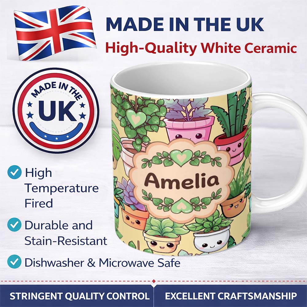Personalized Custom Name Cute Kawaii Smiling Plant Pots Succulents Leaves Pattern Yellow 11oz Ceramic Coffee Tea Mug White Large Handle
