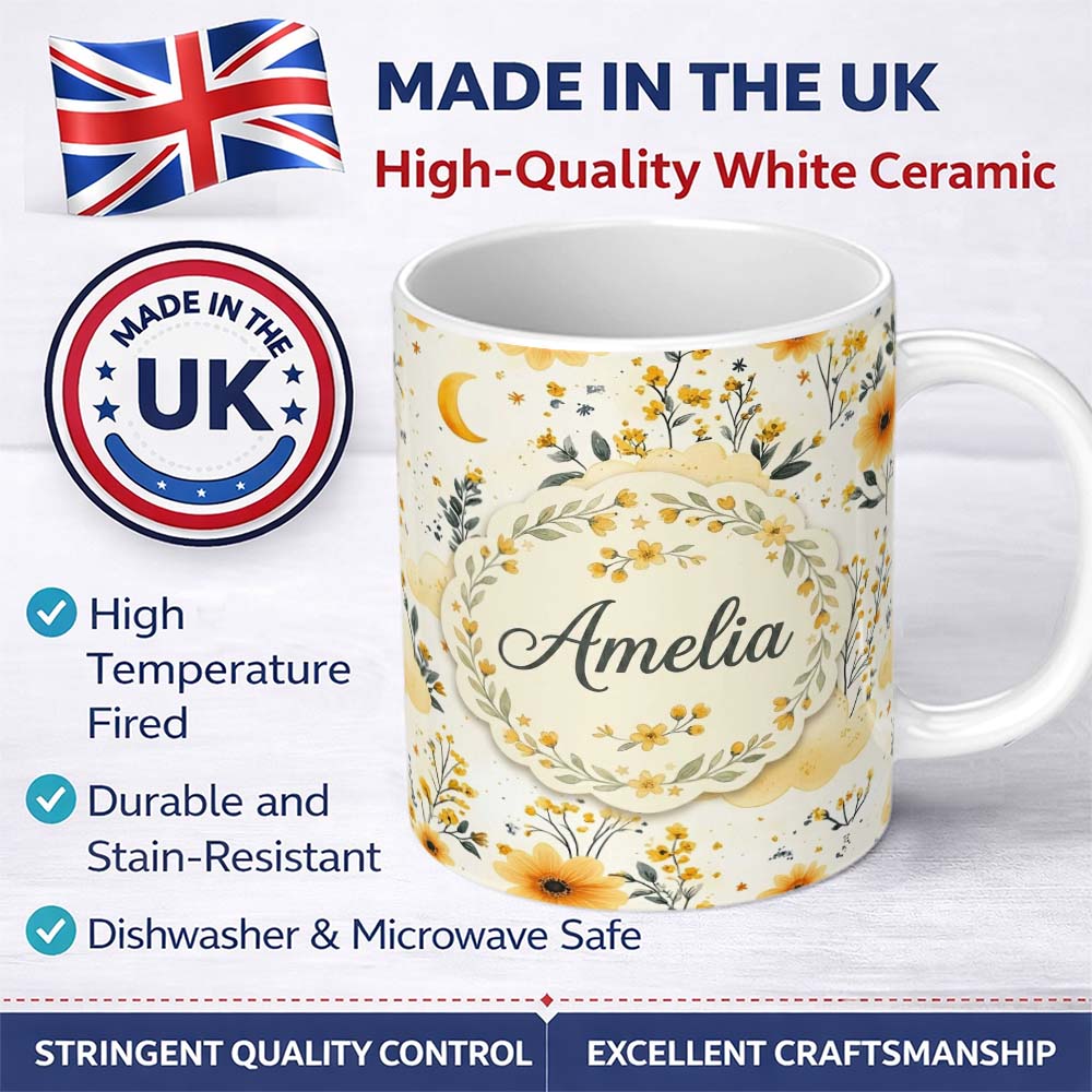 Personalized Custom Name Soft Yellow Clouds Moon and Floral Dream Pattern Seamless Design 11oz Ceramic Coffee Tea Mug White Large Handle