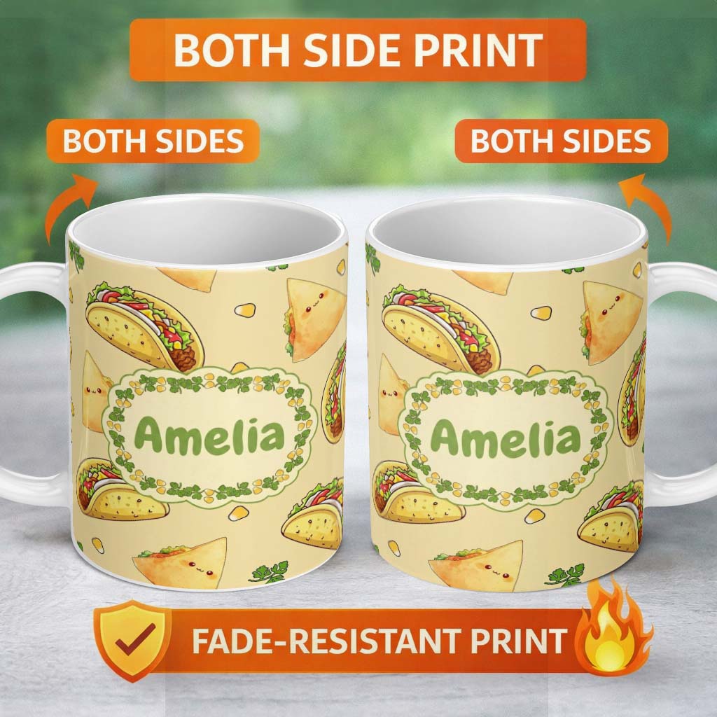Personalized Custom Name Cute Kawaii Tacos and Wraps Seamless Pattern Yellow Background 11oz Ceramic Coffee Tea Mug White Large Handle