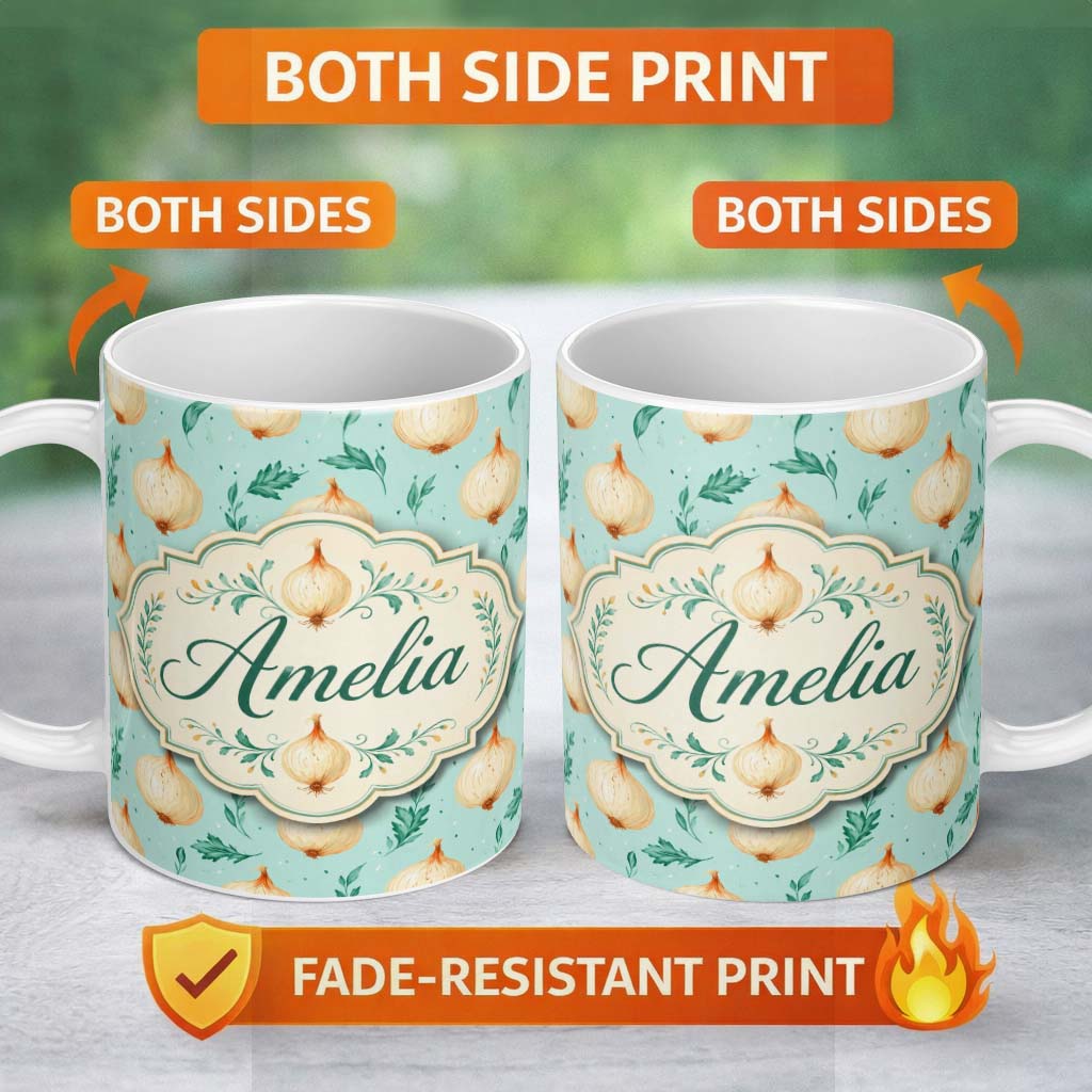 Personalized Custom Name Blue Background Onion Seamless Pattern Fresh Kitchen Garden Style 11oz Ceramic Coffee Tea Mug White Large Handle