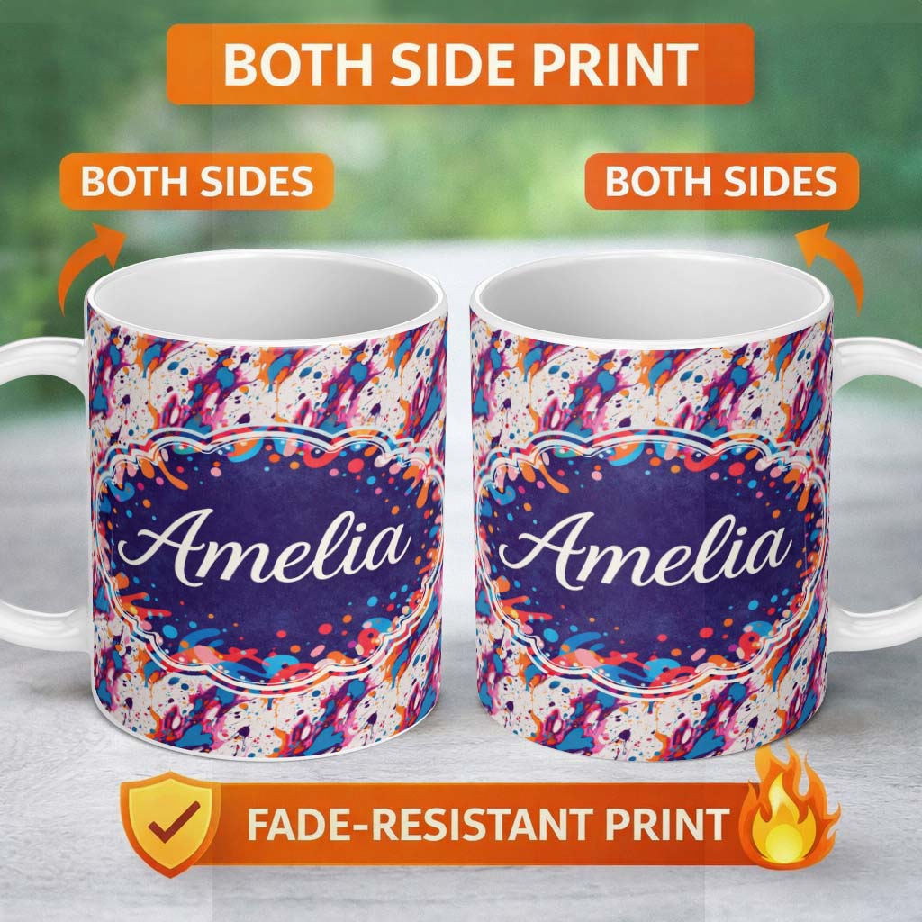 Personalized Custom Name Dynamic Paint Splatter White Background Abstract Pattern Lovely 11oz Ceramic Coffee Tea Mug White Large Handle