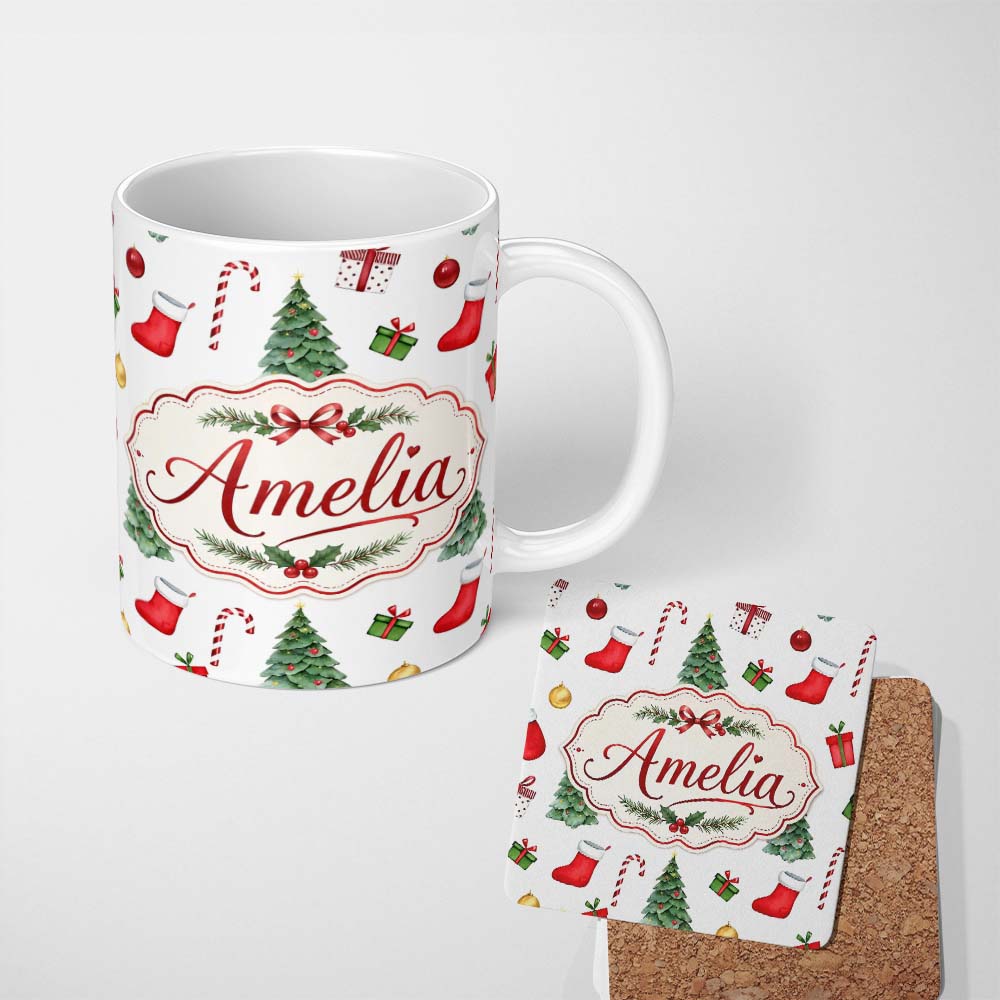 Personalized Custom Name Christmas Tree Gifts Candy Cane Stockings Seamless Pattern Lovely 11oz Ceramic Coffee Tea Mug White Large Handle