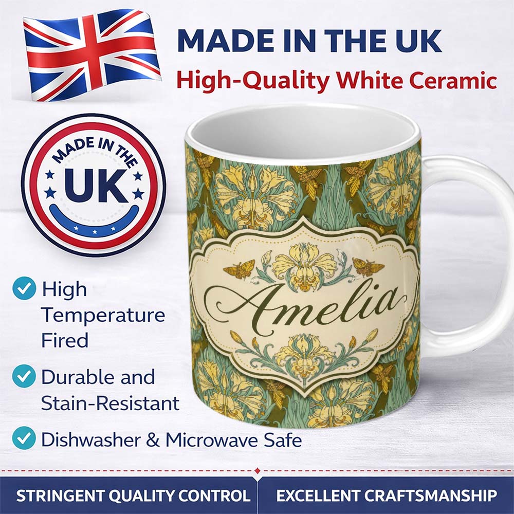 Personalized Custom Name Art Nouveau Lily Flowers with Moths Decorative Seamless Pattern 11oz Ceramic Coffee Tea Mug White Large Handle