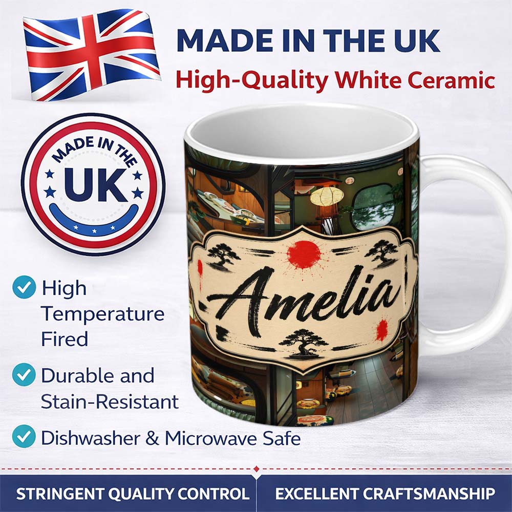 Personalized Custom Name Modern Japanese Capsule Hotel Interior with Wooden Details Compact 11oz Ceramic Coffee Tea Mug White Large Handle