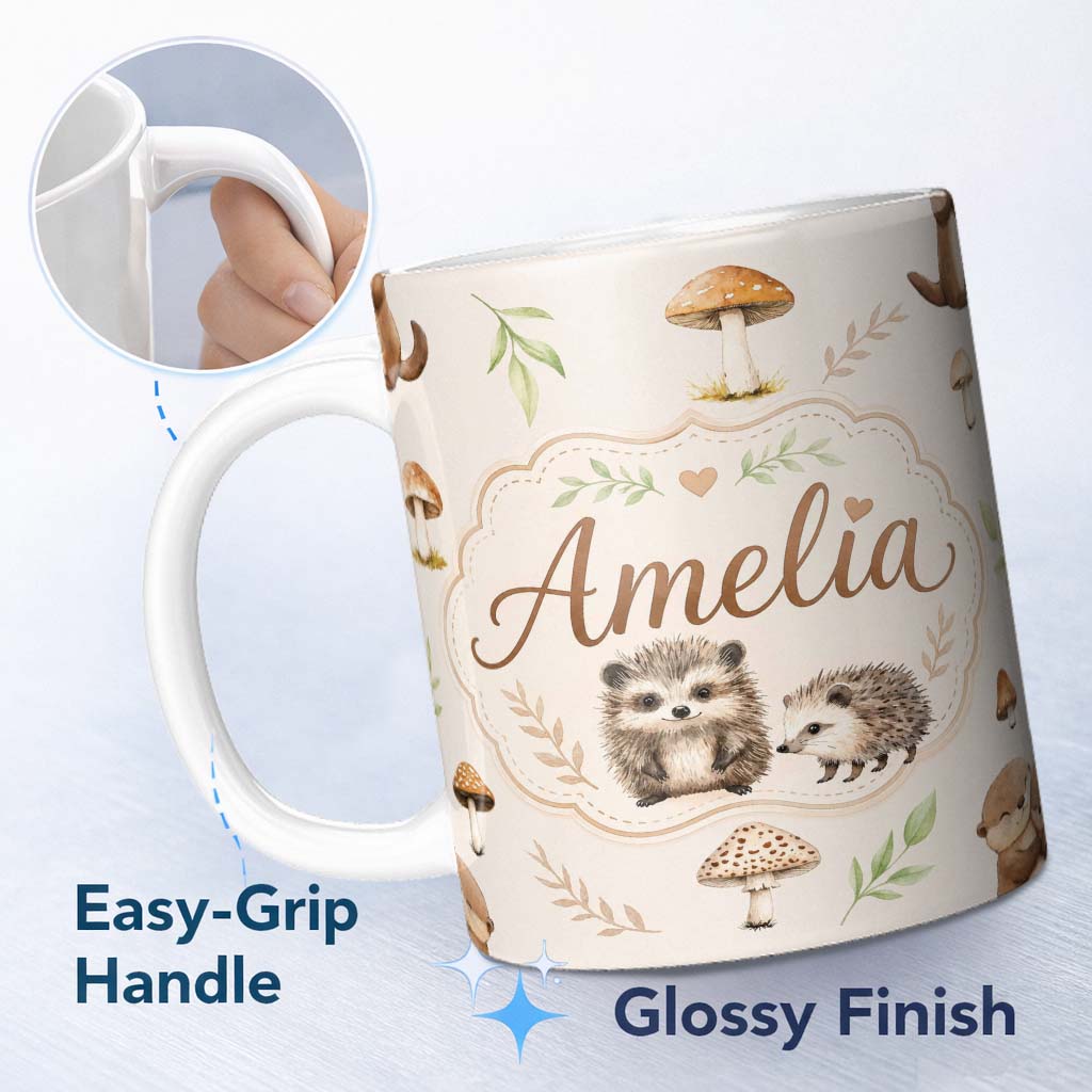 Personalized Custom Name Woodland Hedgehogs with Mushrooms Leaves Warm Neutral Seamless 11oz Ceramic Coffee Tea Mug White Large Handle