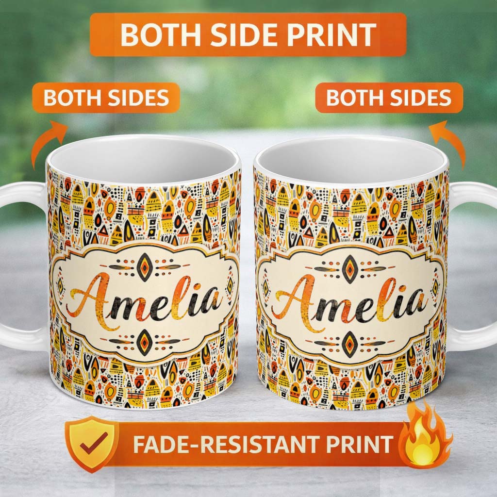 Personalized Custom Name Bold Abstract Shapes Orange Yellow Mid Century Seamless Pattern 11oz Ceramic Coffee Tea Mug White Large Handle