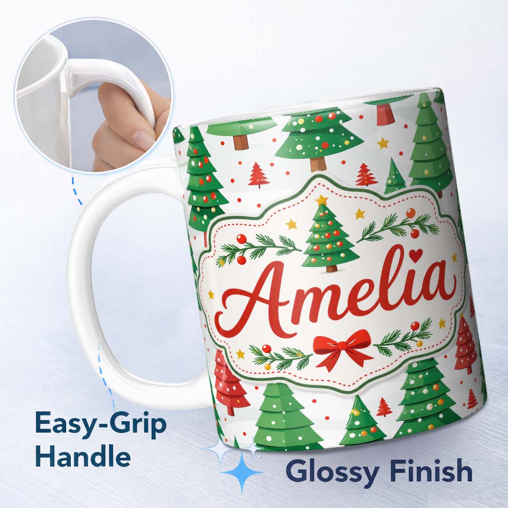 Personalized Custom Name Modern Christmas Trees in Red and Green Winter Scene Seamless Lovely 11oz Ceramic Coffee Tea Mug White Large Handle