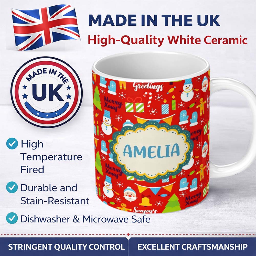 Personalized Custom Name Merry Xmas Greetings Santa Snowman Gingerbread Holiday Seamless 11oz Ceramic Coffee Tea Mug White Large Handle