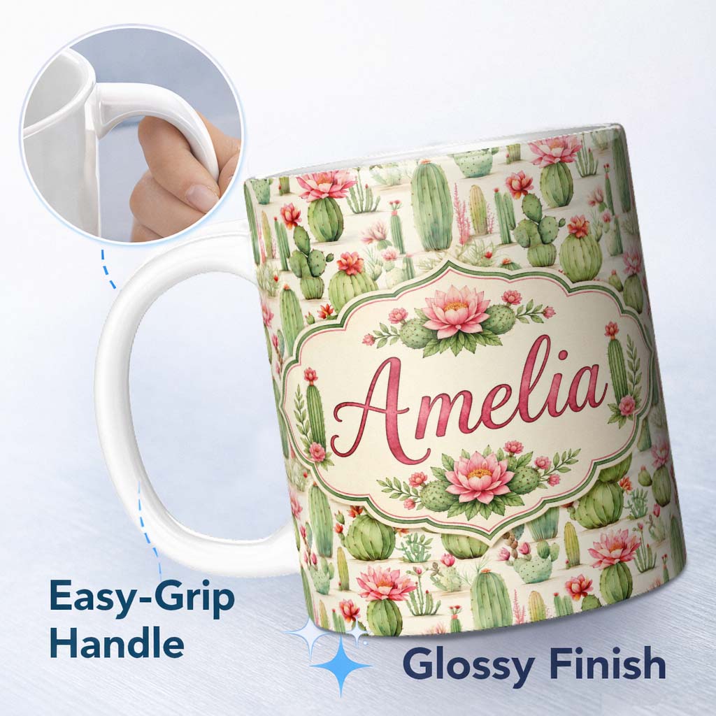 Personalized Custom Name Watercolor Cactus Succulent Garden Soft Pastel Desert Seamless 11oz Ceramic Coffee Tea Mug White Large Handle