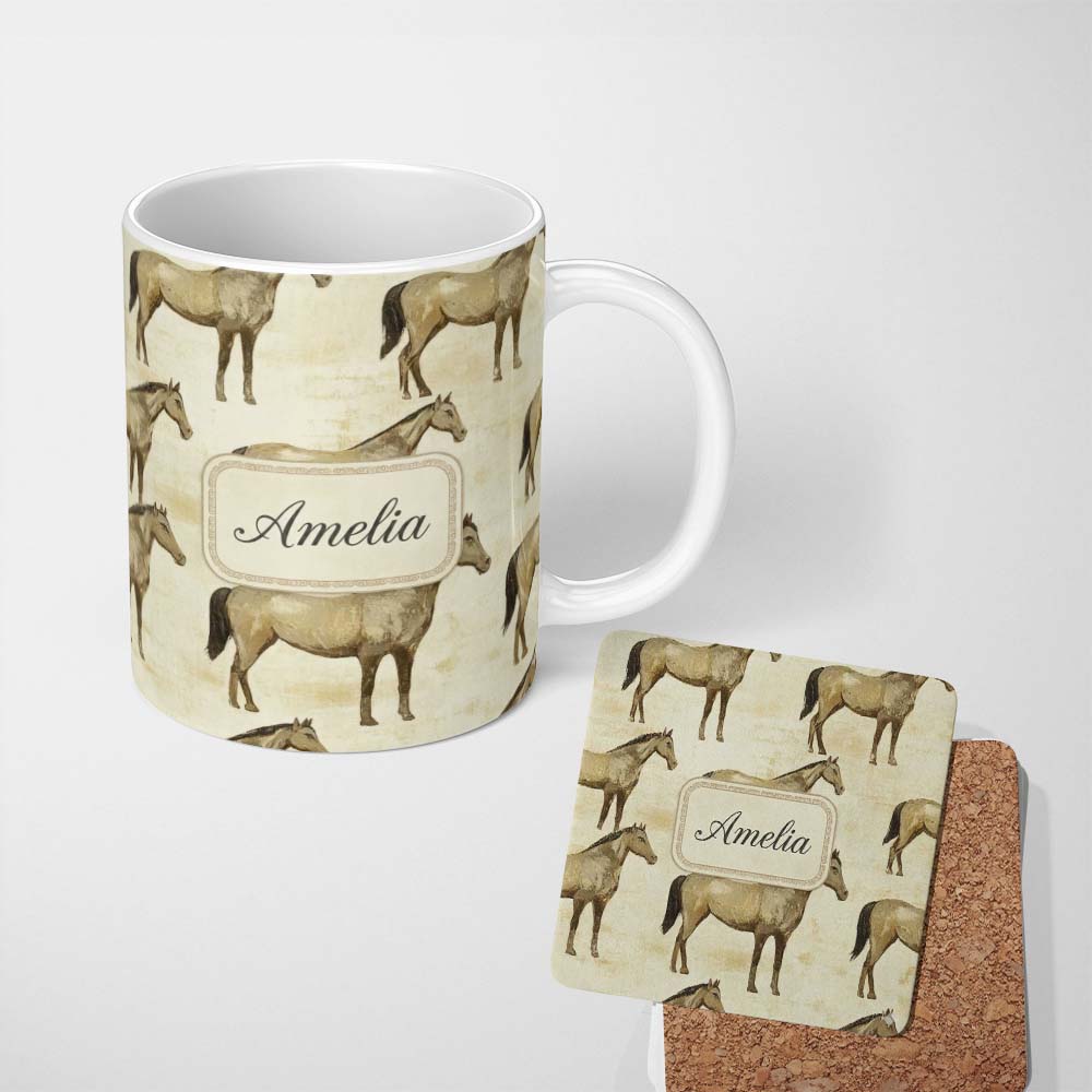 Personalized Custom Name Vintage Rustic Horse Illustration Farm Animal Seamless Pattern 11oz Ceramic Coffee Tea Mug White Large Handle
